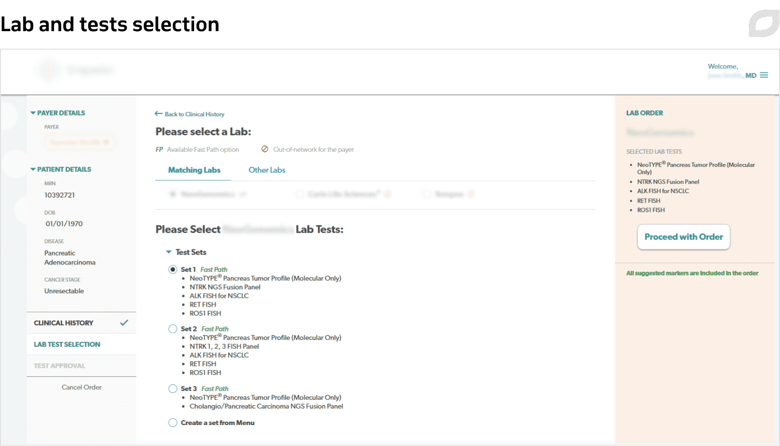 Lab and tests selection